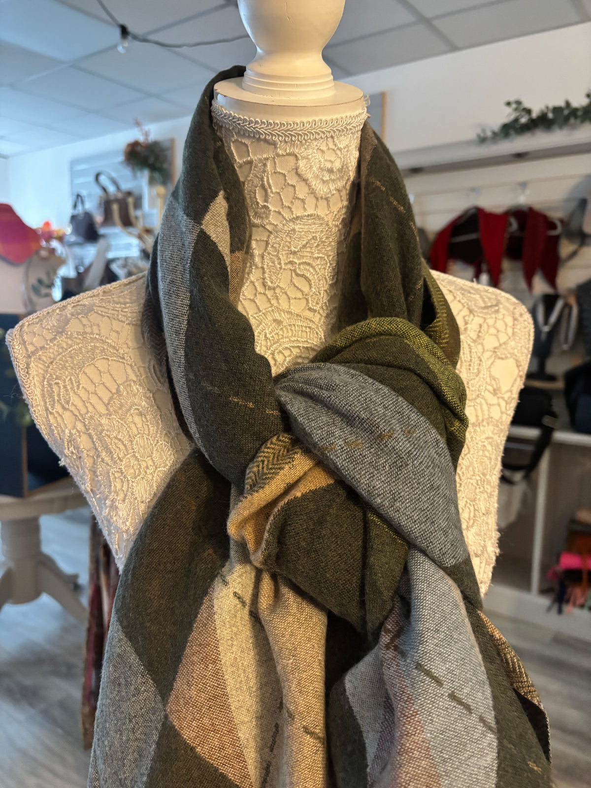Wren Green mix Argyle patterned scarf