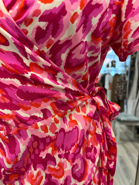 Sheena Short Sleeve Wrap Top - Pink, Abstract Print