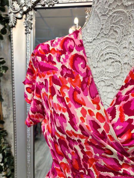 Sheena Short Sleeve Wrap Top - Pink, Abstract Print