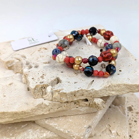 Megan Multi beaded stretchy bracelet- red/gold/black