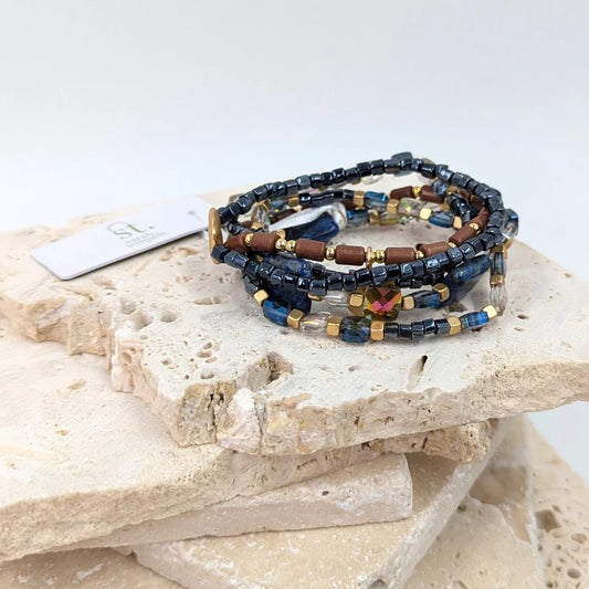 Rose Multi beaded stretchy bracelet choc/blue