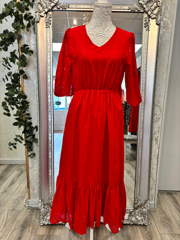 Aurelia Fit & Flare Dress - Broderie Anglaise Trim, Red