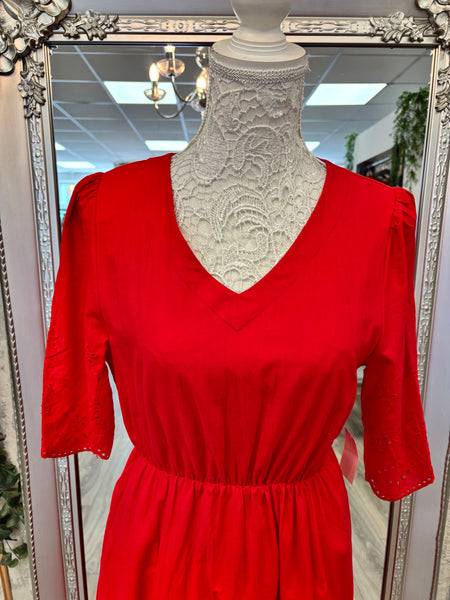 Aurelia Fit & Flare Dress - Broderie Anglaise Trim, Red