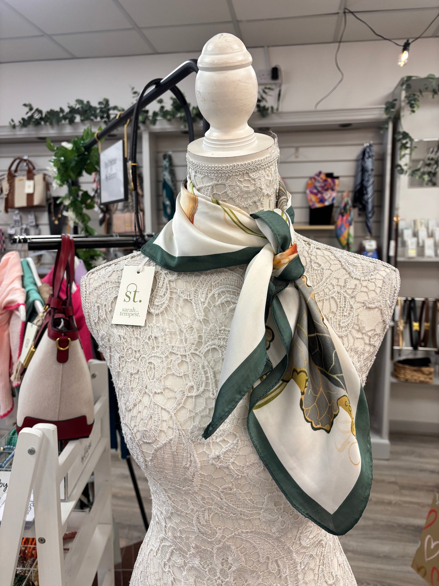 Magnolia flower silk feel neck scarf with solid border