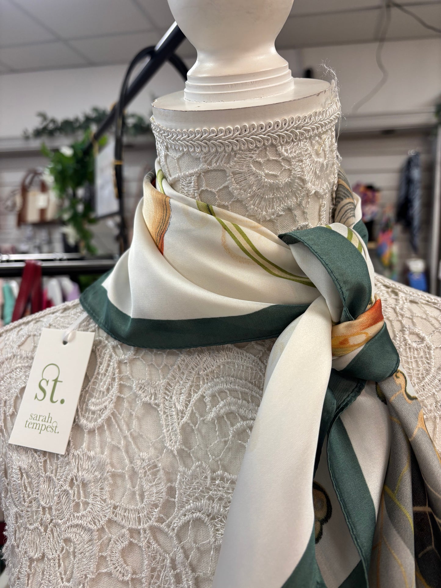 Magnolia flower silk feel neck scarf with solid border
