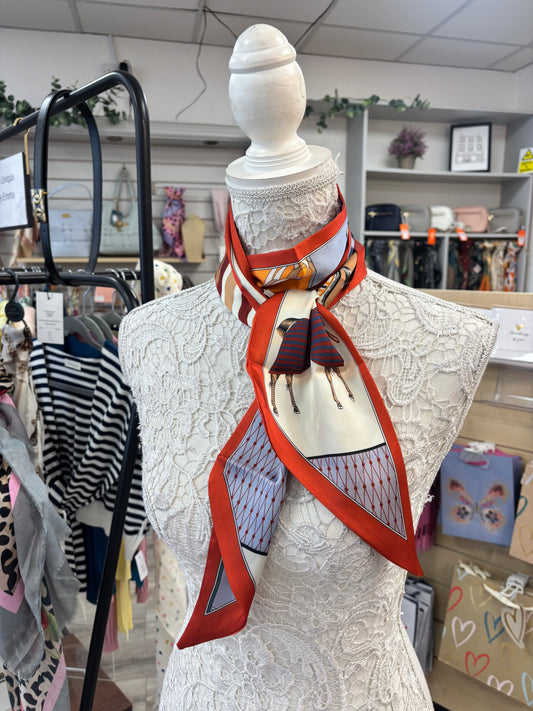 Equestrian vibes orange border silk feel scarf with ribbon finished edge