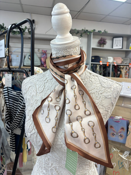 Chain edge print silk feel scarf with ribbon finished edges