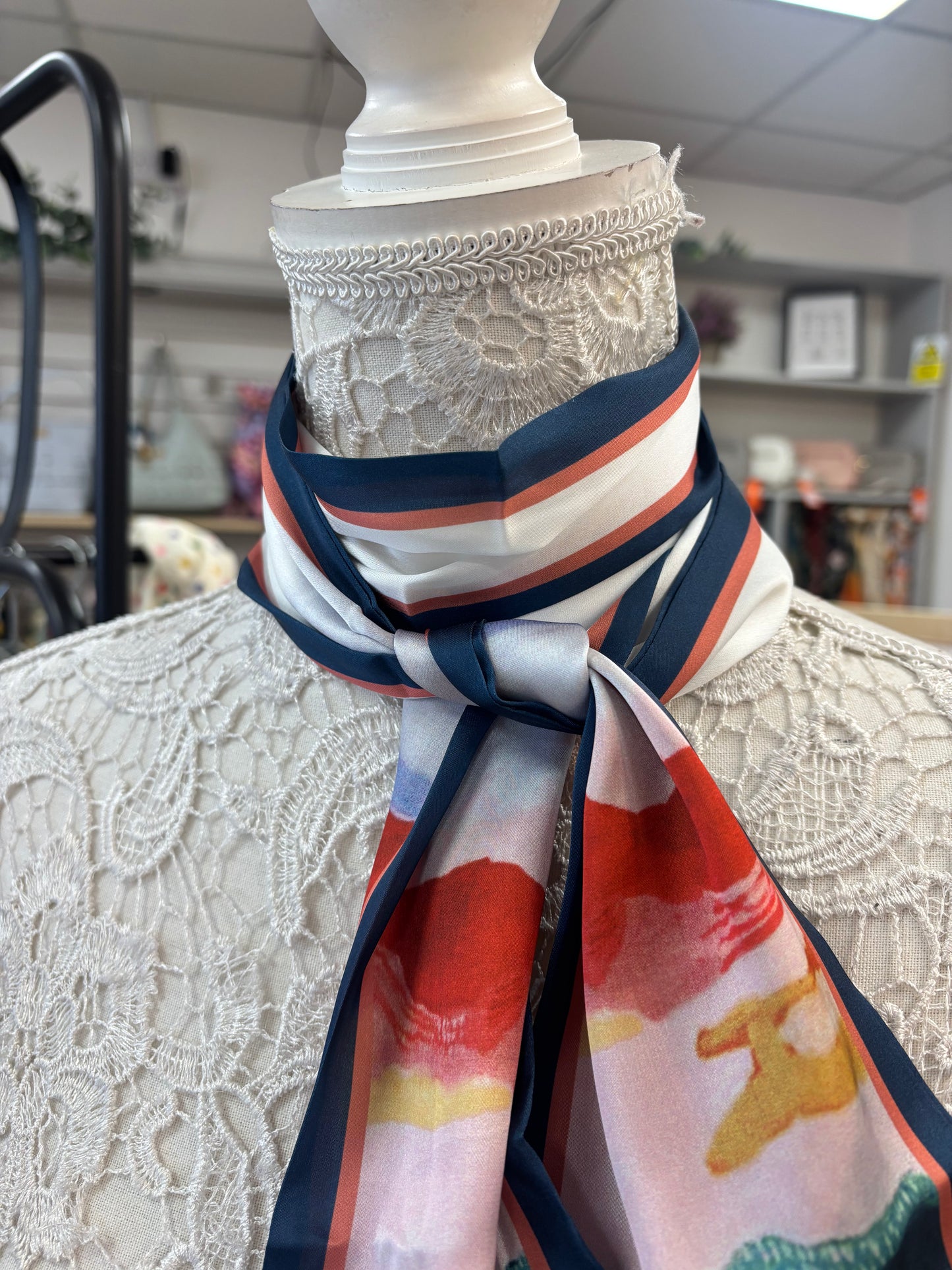 Artisan colour blend silk feel scarf with ribbon finished edge