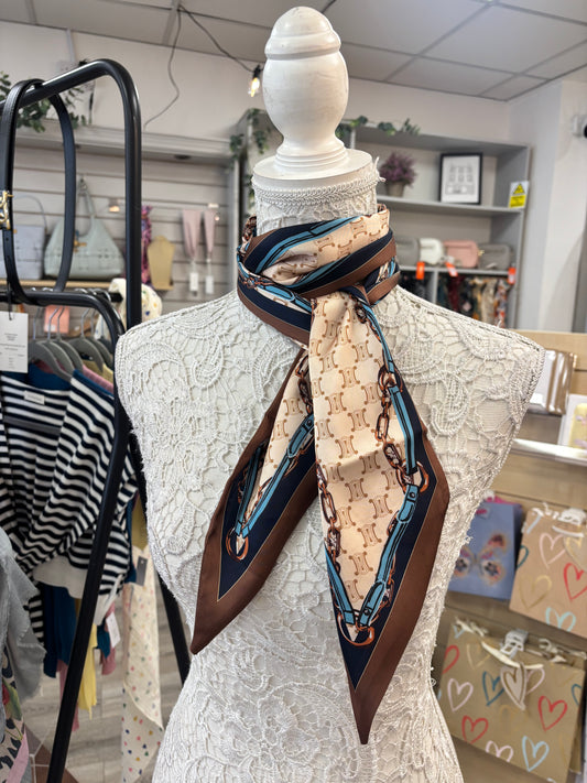 Buckle equestrian silk feel scarf with ribbon finished edge
