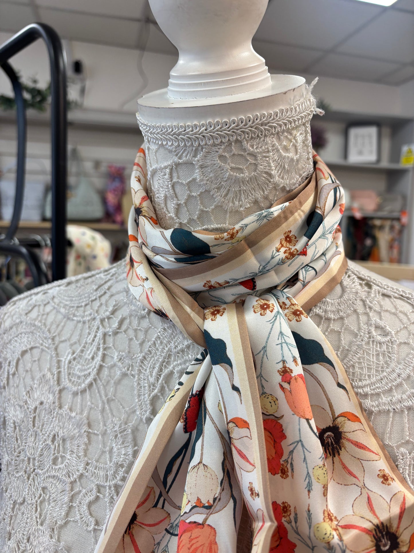 Wild flowers print silk feel scarf with ribbon finished edge