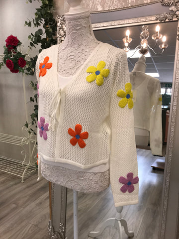 Yumi White Tie Front Cardigan With Flower Design