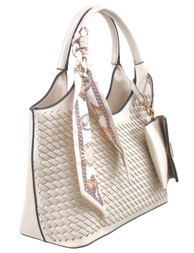 FRAN FASHIONABLE WOVEN TEXTURAL TOTE WITH SCARF