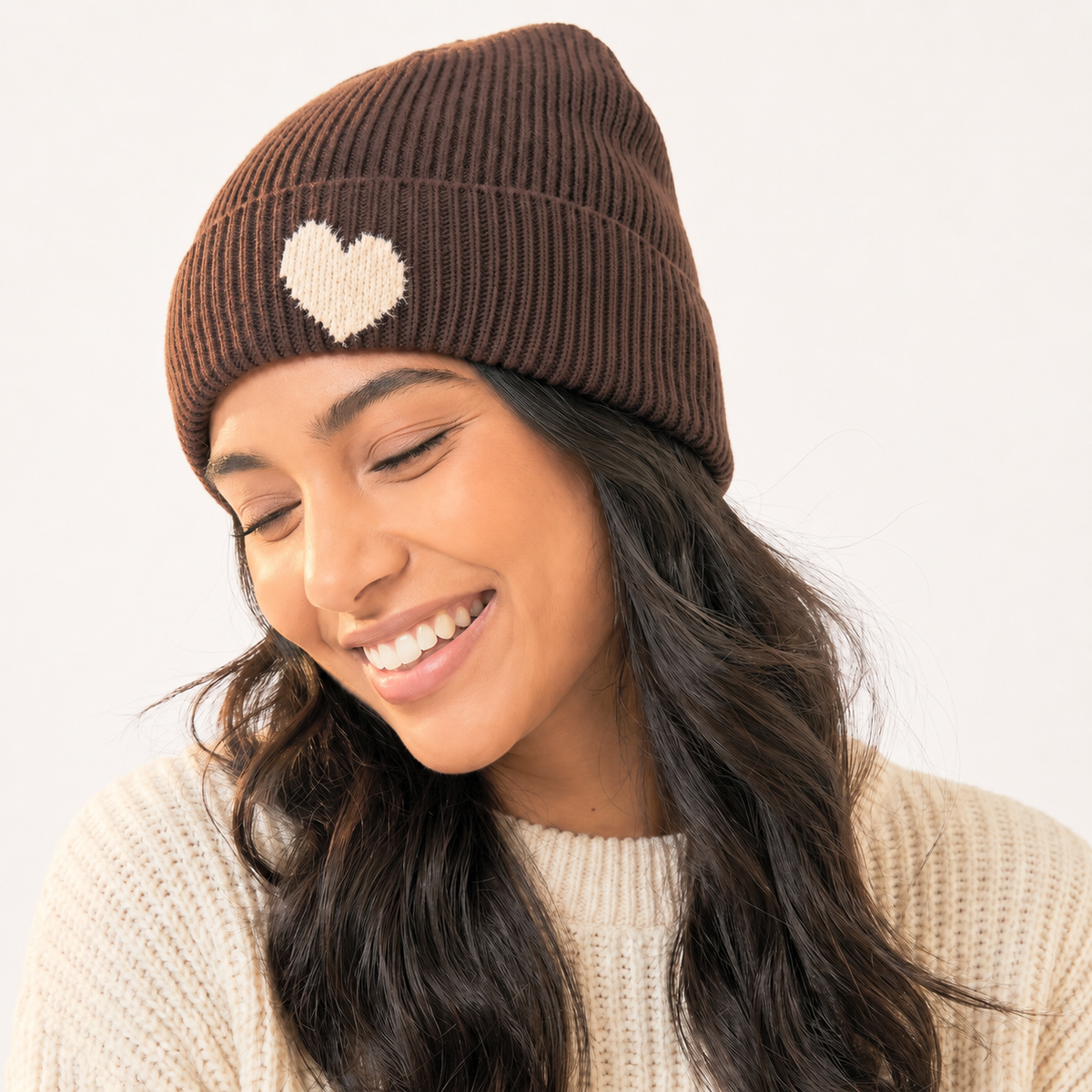 Fran Fluffy Heart Beanie Hat in Brown/Cream