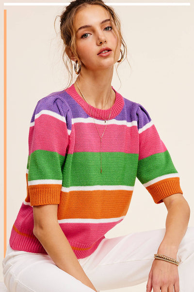 Maisy Color Block Striped Puffy Sleeve Sweater Top