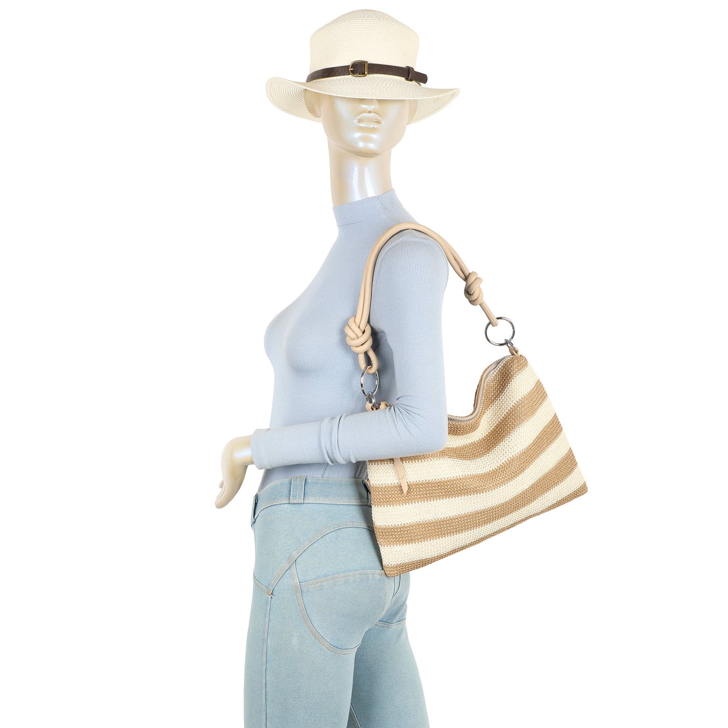 Nansy Natural Straw Stripe Shoulder Bag with Knot Handle