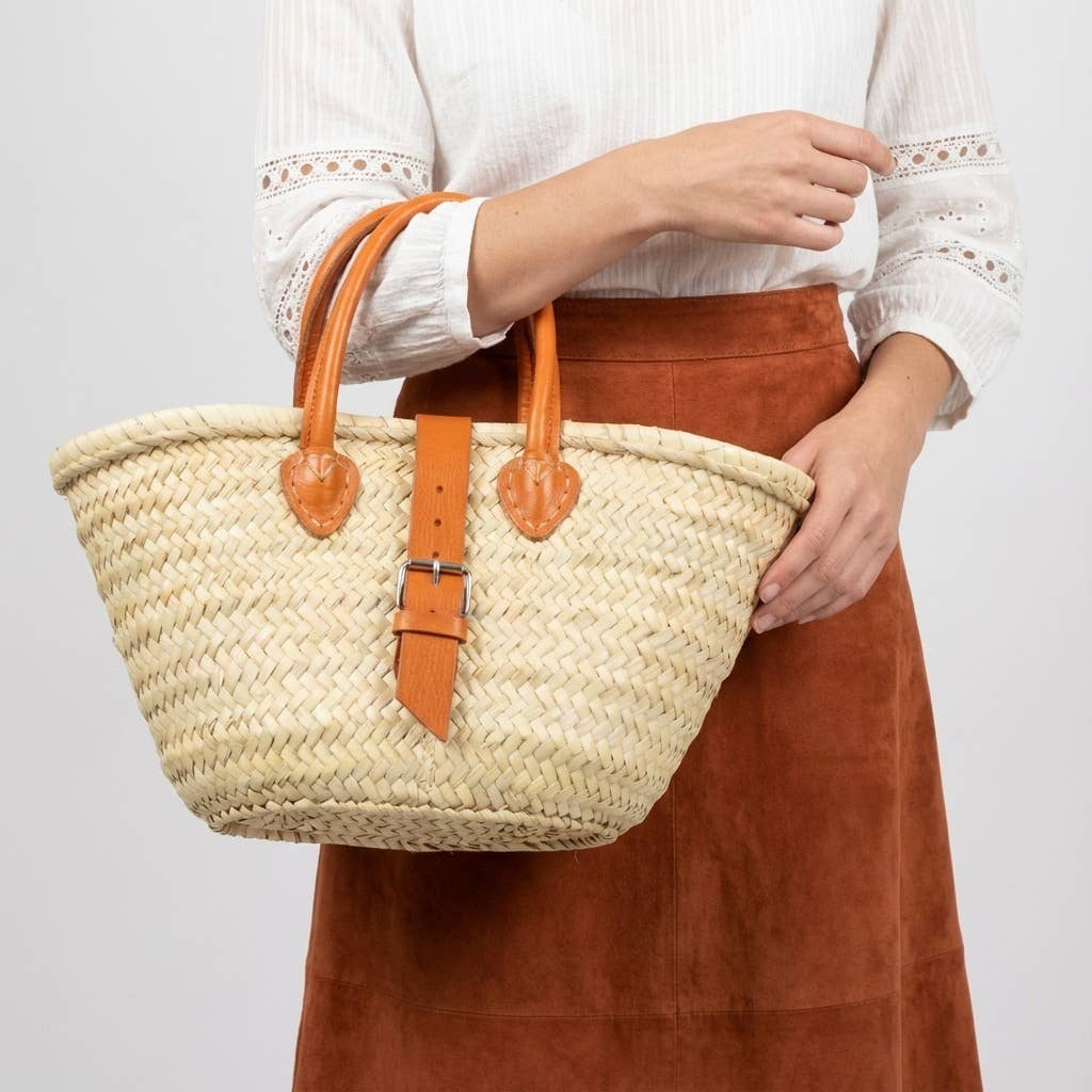 French Market Basket Leather Buckle Straw Bag