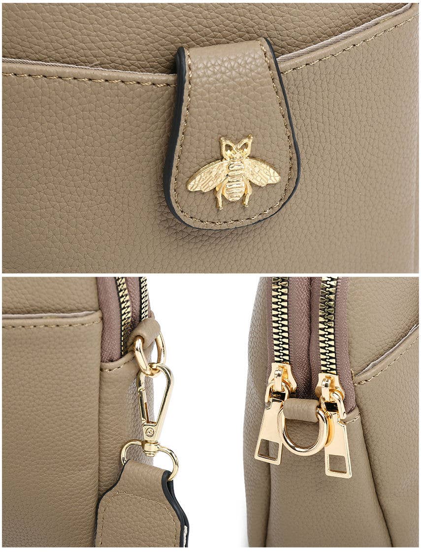 Bee Cross Body Handbag with double zip top sections