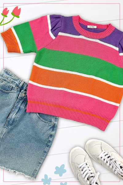Maisy Color Block Striped Puffy Sleeve Sweater Top