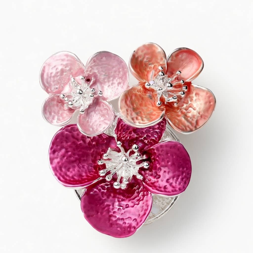 Magnetic Enamel Floral Brooch – Silver & Pink