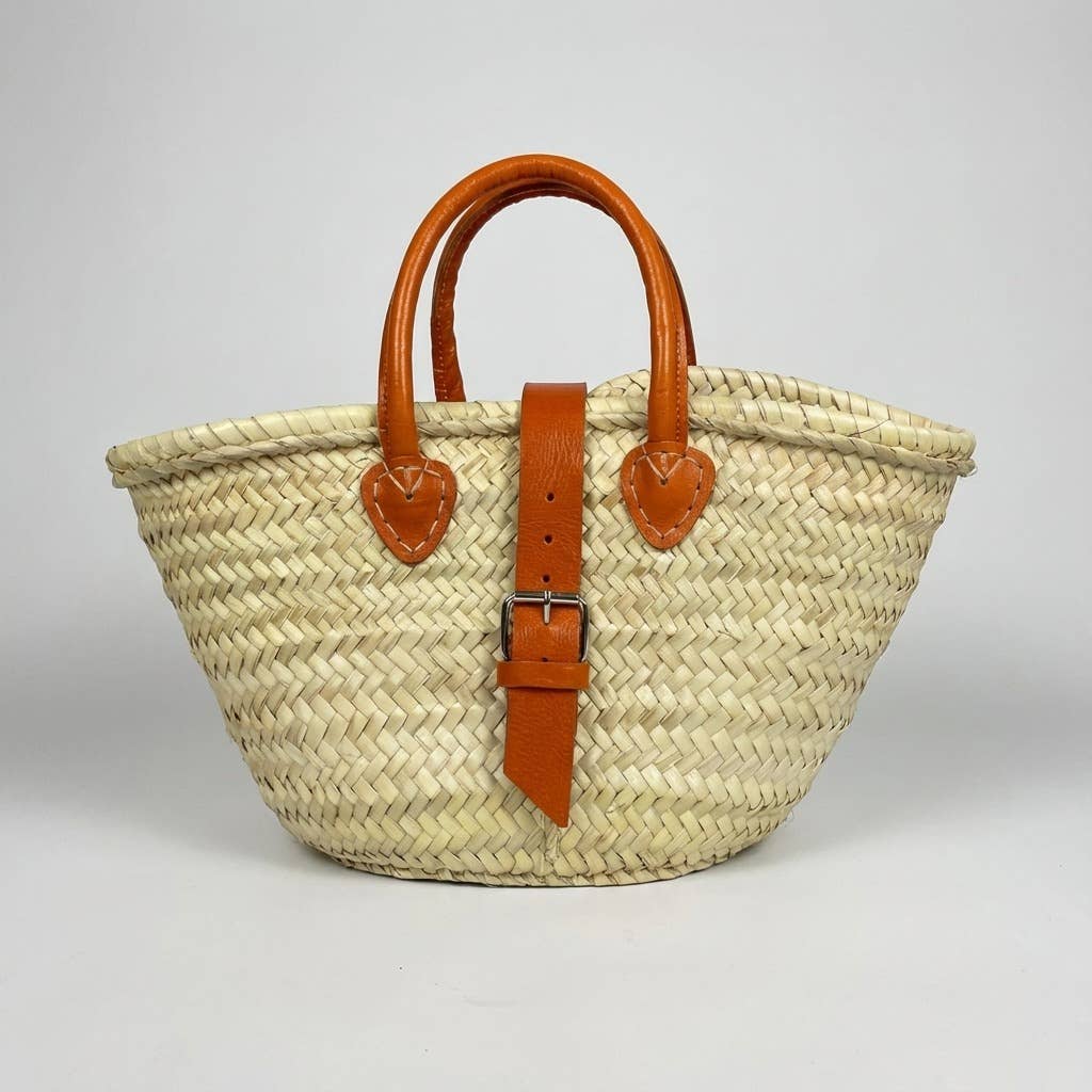 French Market Basket Leather Buckle Straw Bag