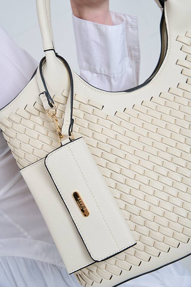 FRAN FASHIONABLE WOVEN TEXTURAL TOTE WITH SCARF