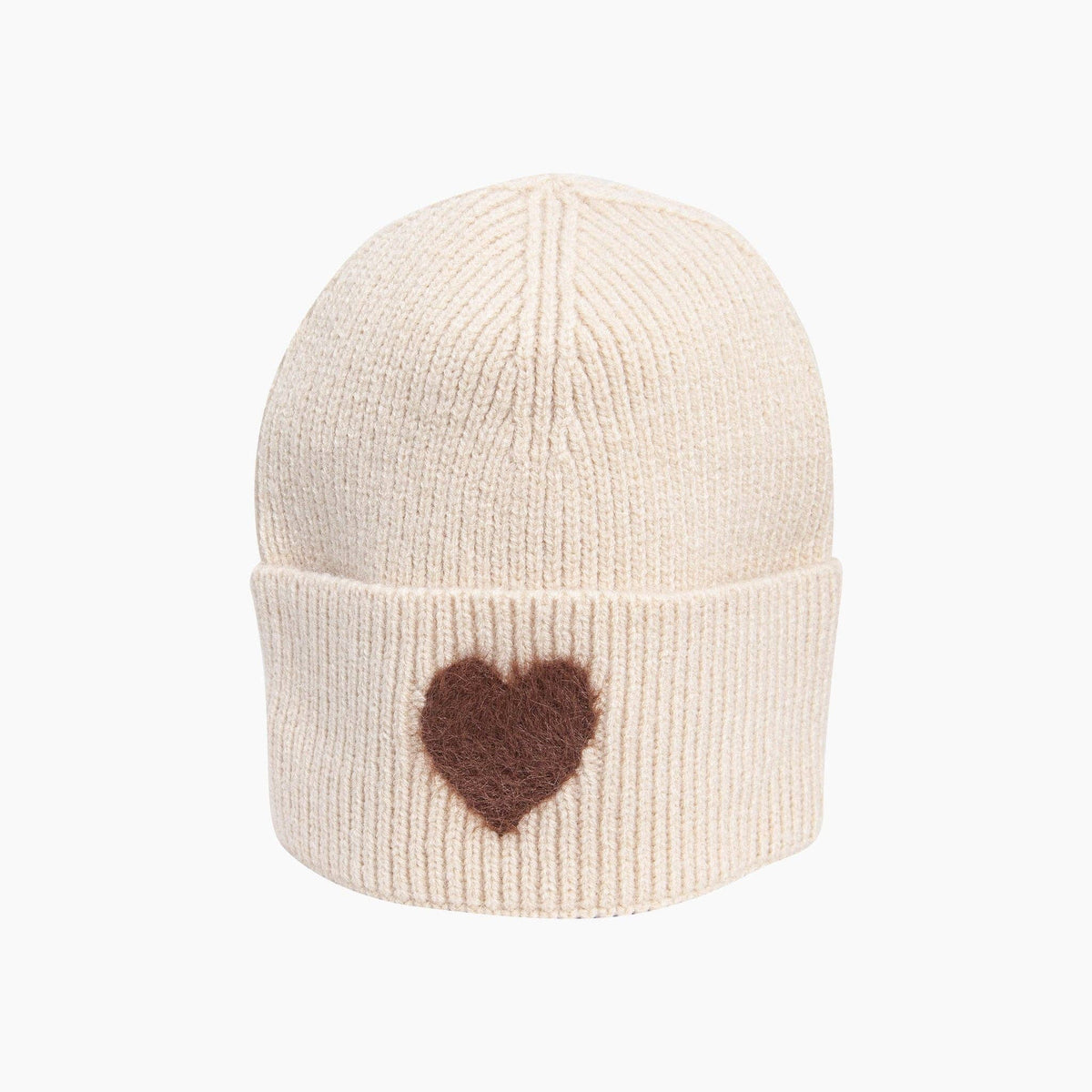 Fran Fluffy Heart Beanie Hat in Cream/Brown