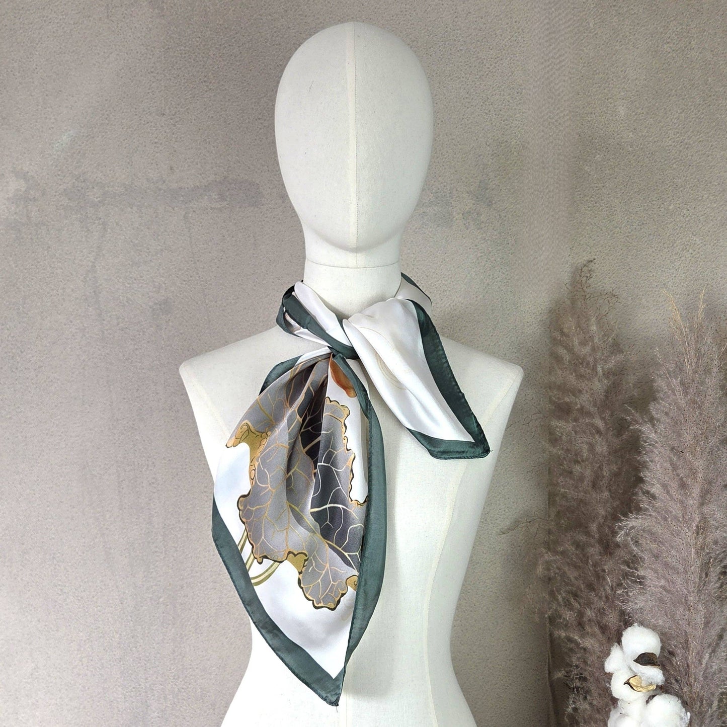 Magnolia flower silk feel neck scarf with solid border