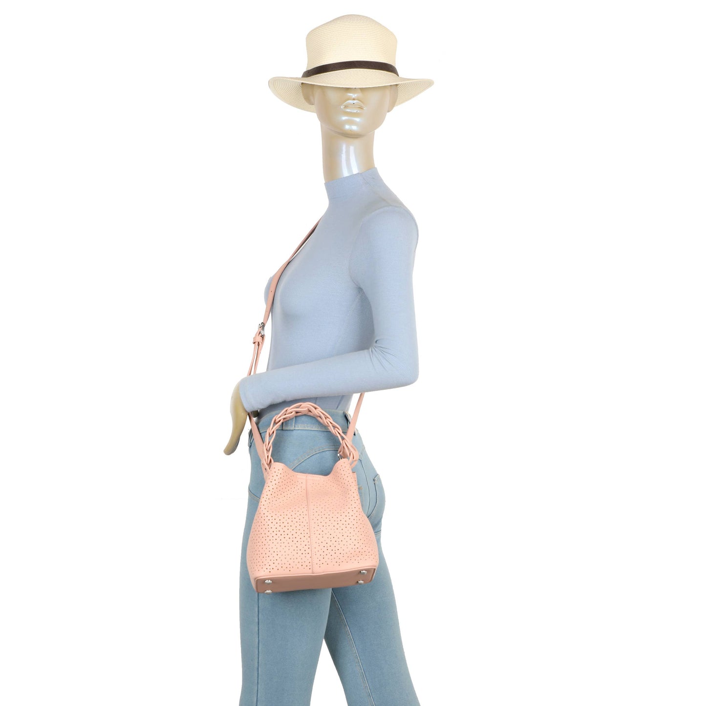 Hallie Perforated Hobo Bag with Woven Handle