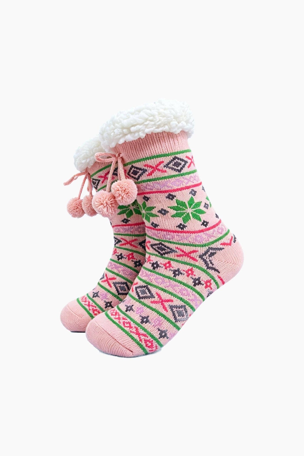 Nordic Snowflake Long Slipper Socks in Soft Pink/Multi