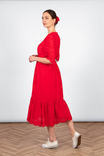 Aurelia Fit & Flare Dress - Broderie Anglaise Trim, Red