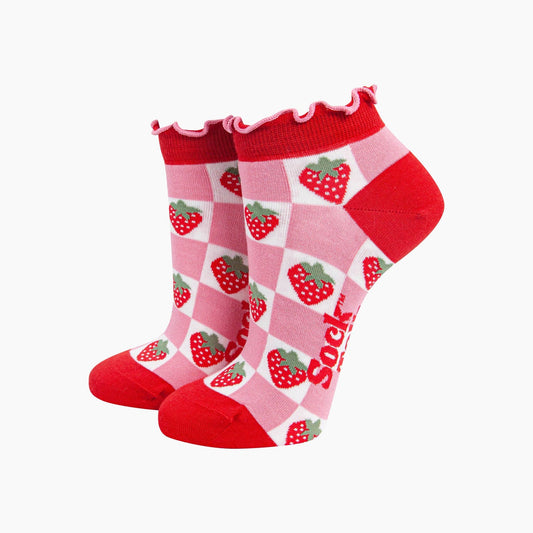 Strawberry Checkerboard Bamboo Trainer Socks in Red