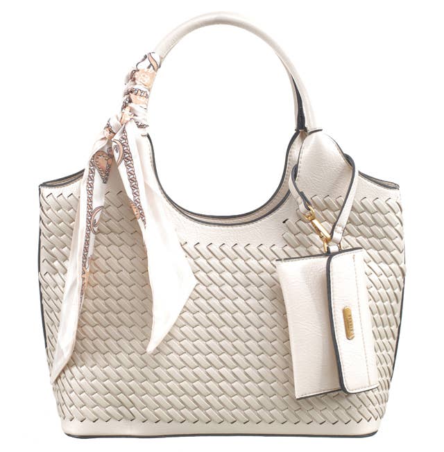 FRAN FASHIONABLE WOVEN TEXTURAL TOTE WITH SCARF