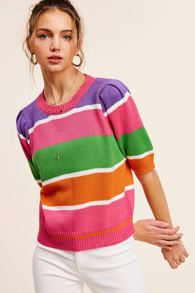 Maisy Color Block Striped Puffy Sleeve Sweater Top