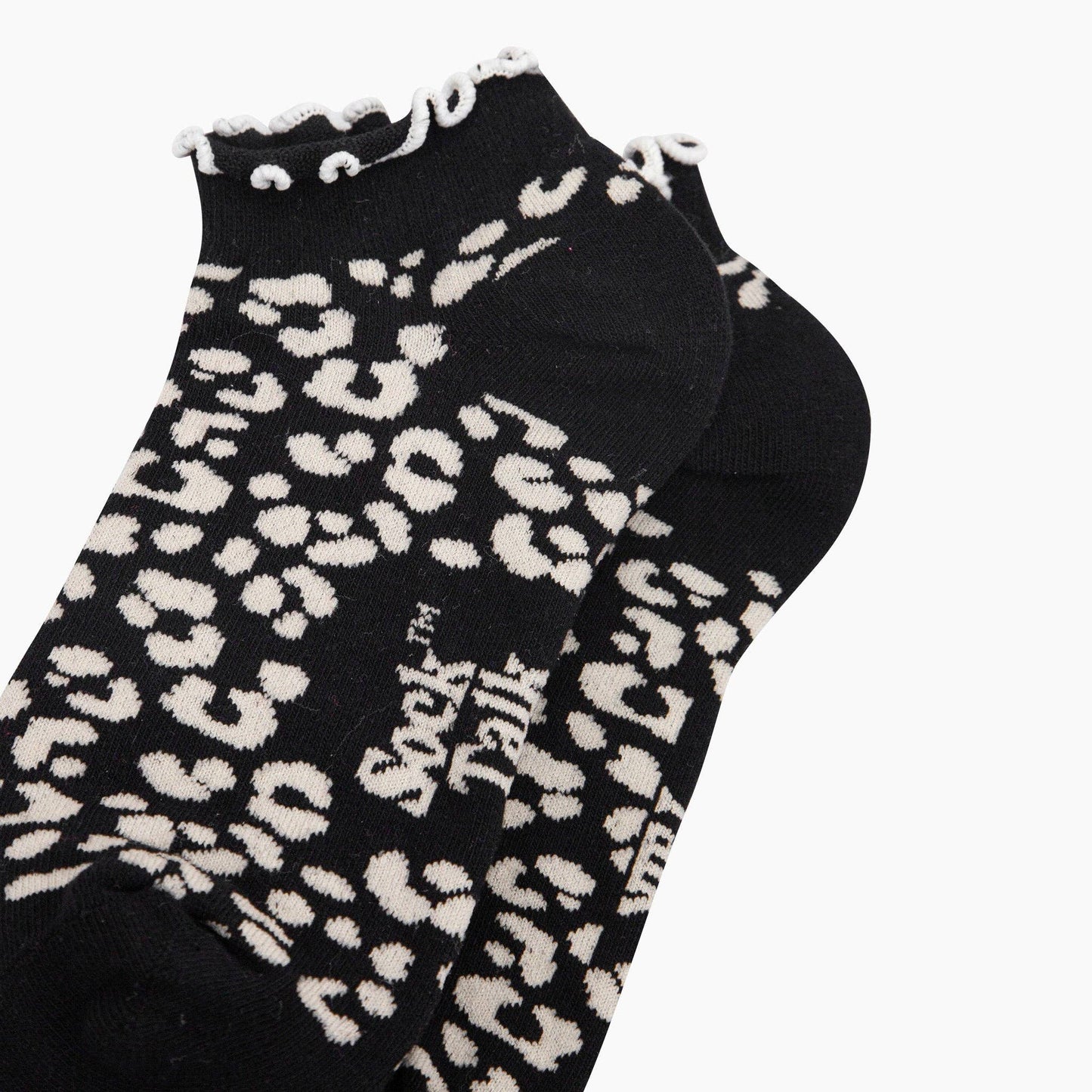 Leopard Print Frilled Cuff Combed Cotton Trainer Socks in Black