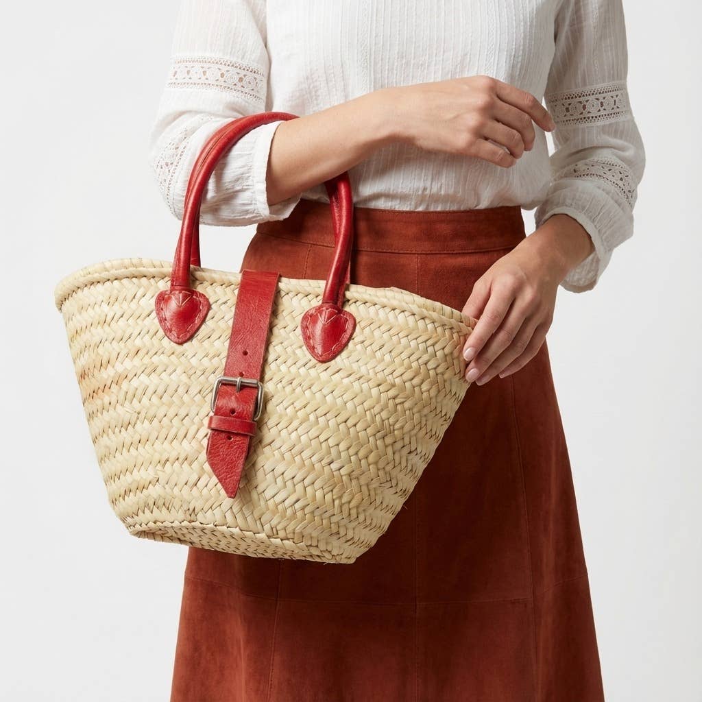 French Market Basket Leather Buckle Straw Bag