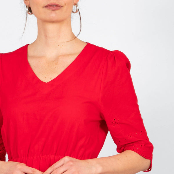Aurelia Fit & Flare Dress - Broderie Anglaise Trim, Red