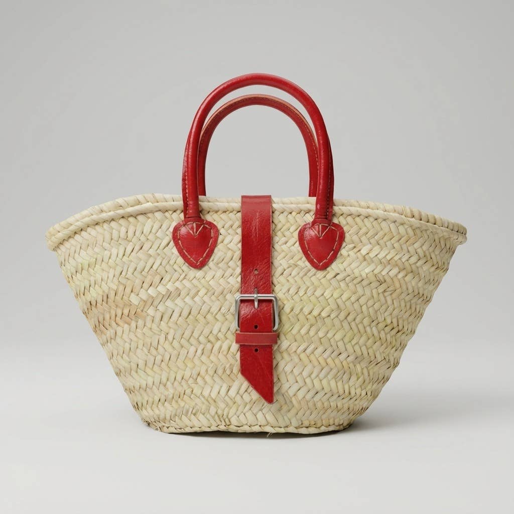 French Market Basket Leather Buckle Straw Bag