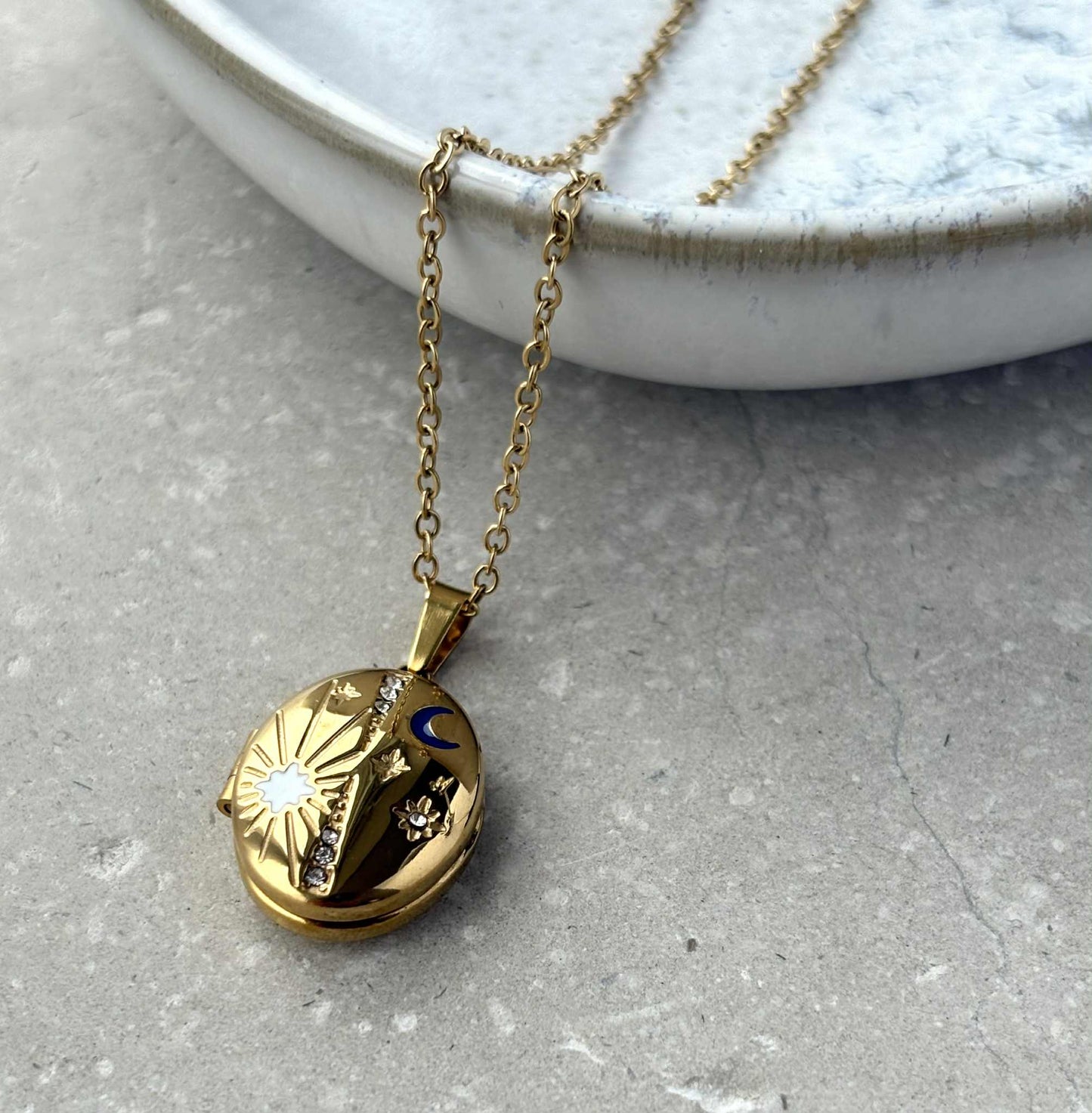 Tarnish Resistant Celestial Locket Necklace With Blue Moon