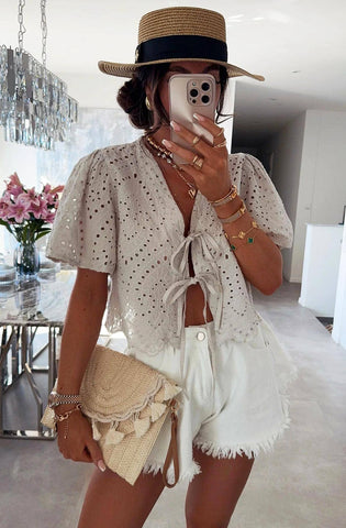 Belle Broderie Style Scalloped Hem Tie-Up Top-Stone