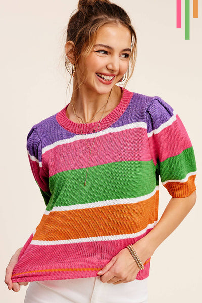 Maisy Color Block Striped Puffy Sleeve Sweater Top