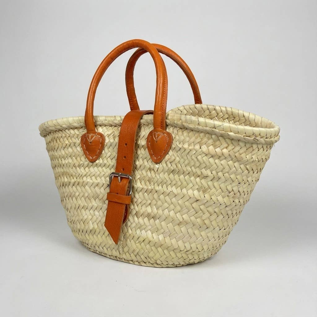 French Market Basket Leather Buckle Straw Bag