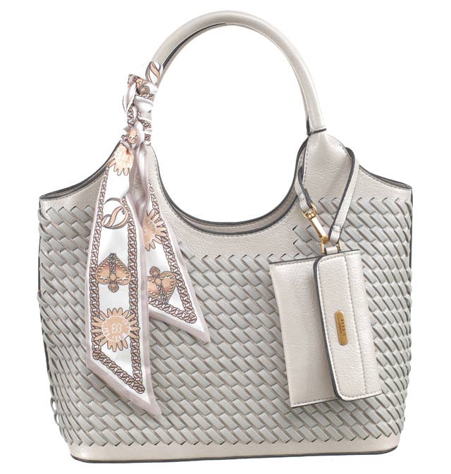 FRAN FASHIONABLE WOVEN TEXTURAL TOTE WITH SCARF