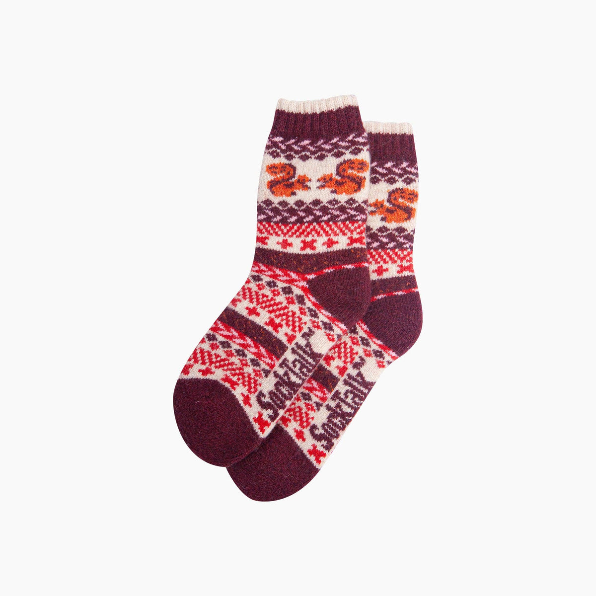 Squirrel Patterned 50% Wool Socks in Cream/Burgundy
