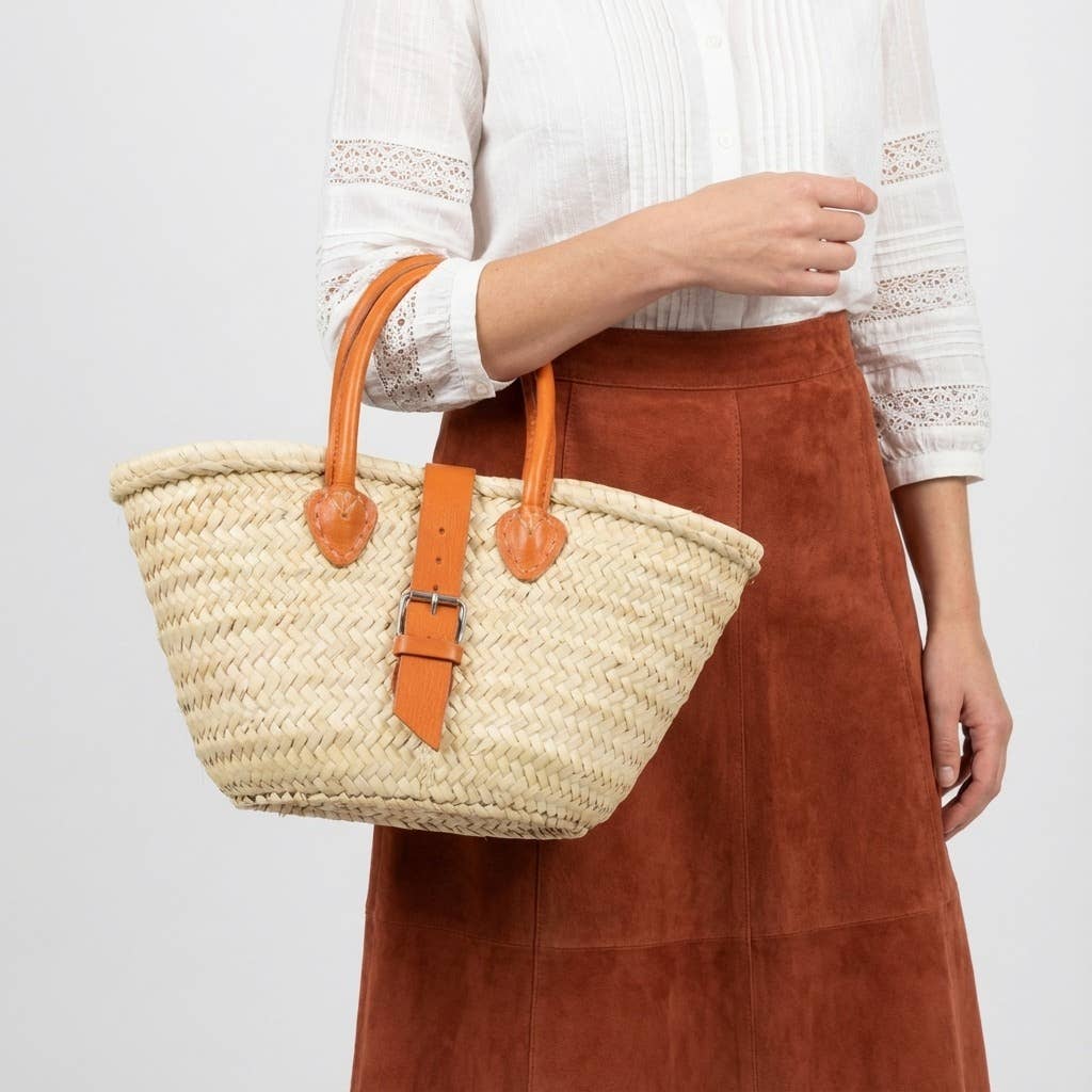 French Market Basket Leather Buckle Straw Bag