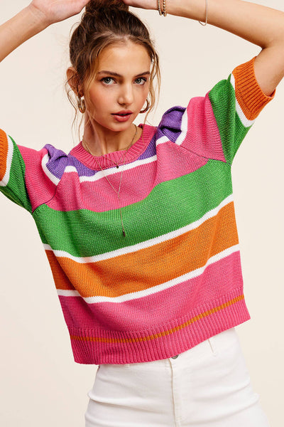 Maisy Color Block Striped Puffy Sleeve Sweater Top