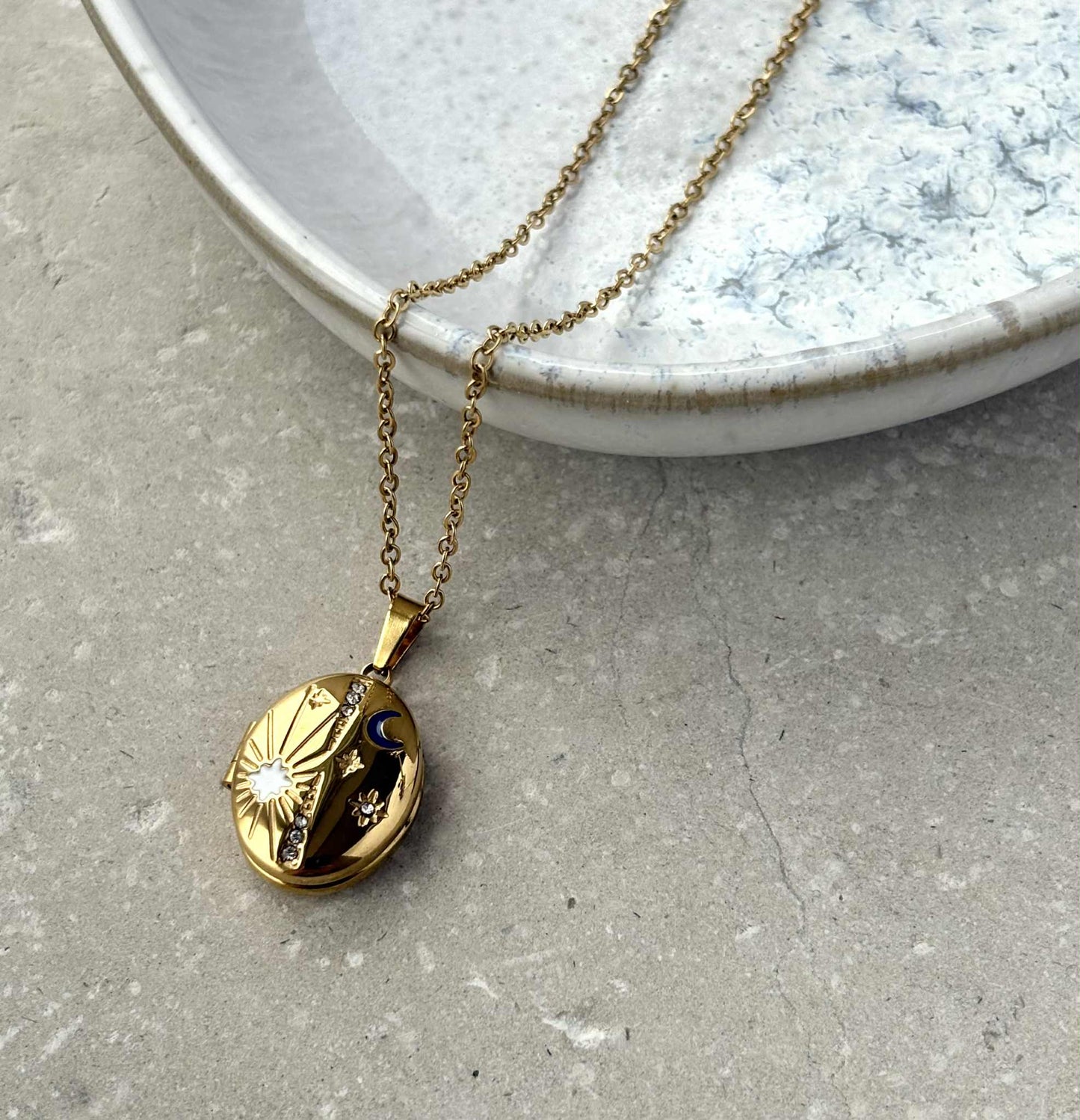 Tarnish Resistant Celestial Locket Necklace With Blue Moon