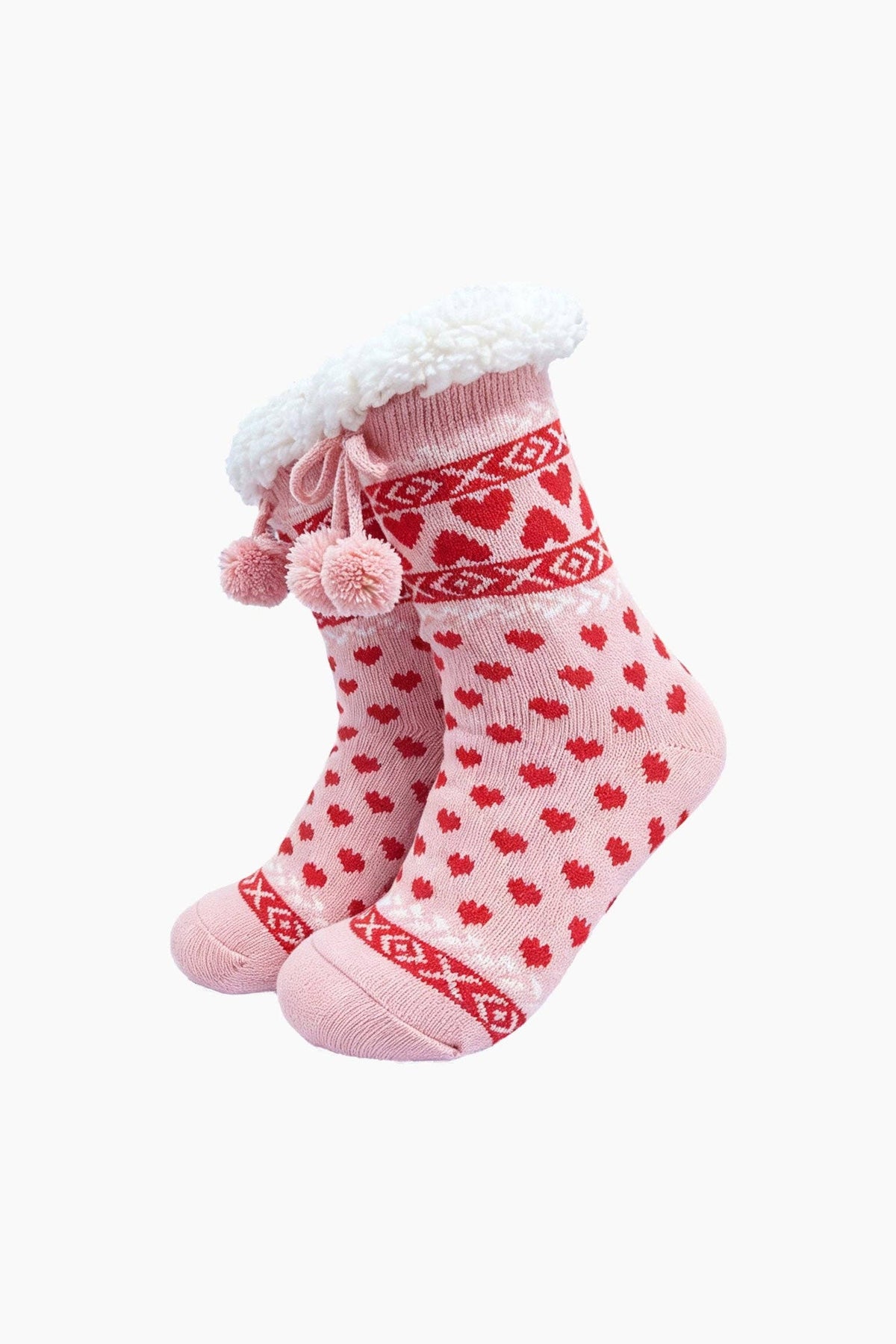 Heart Long Slipper Socks in Soft Pink/Red