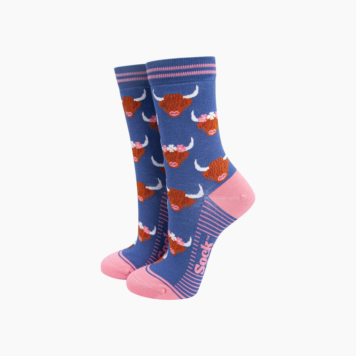 Floral Crown Highland Cow Bamboo Socks in Blue