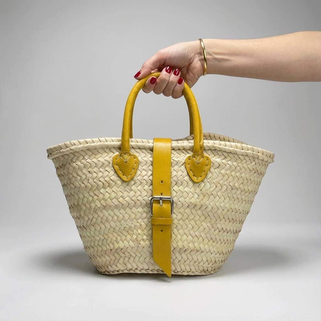 French Market Basket Leather Buckle Straw Bag
