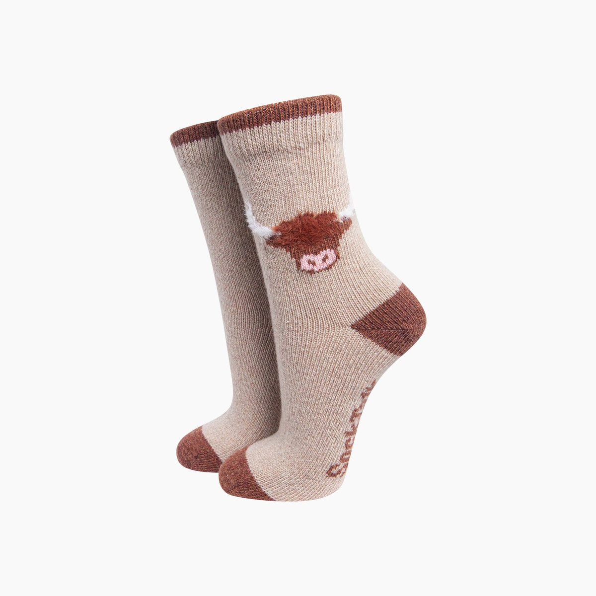 Highland Cow 50% Wool Fluffy Element Socks in Cream